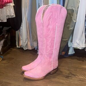 Pink suede knee high boots